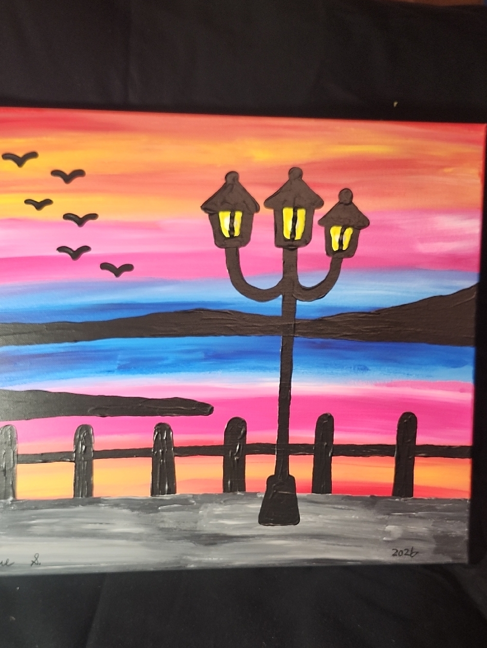 Sunset Pier Lamp Post Canvas Art - Pink Blue Sunset